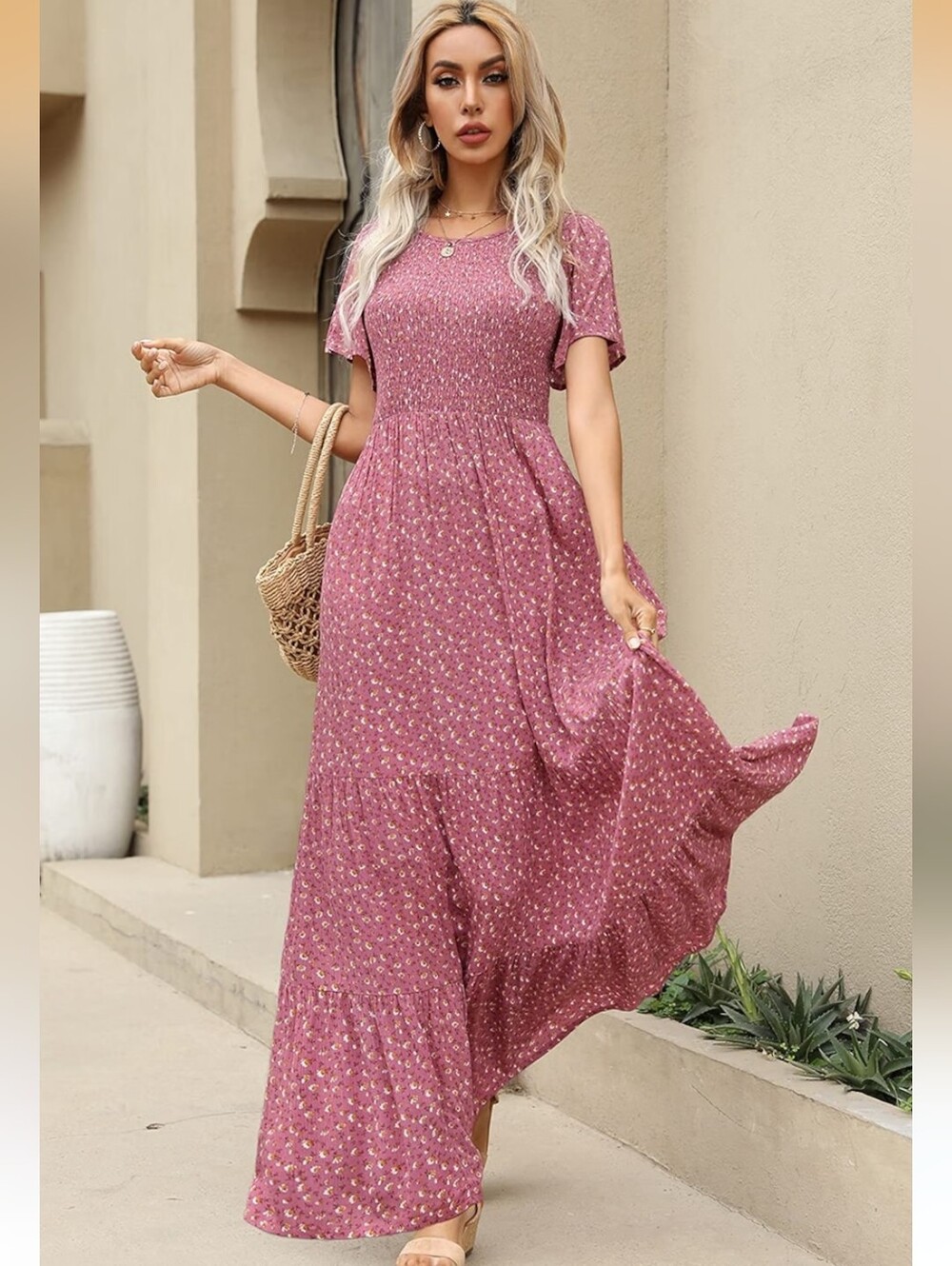 Pink Floral Short-Sleeve Maxi Dress, Size S